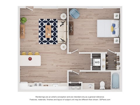 A 3D floor plan of a house with a living room, dining area, and kitchen.